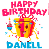 A funny animated birthday GIF with the words 'Happy Birthday Danella', colorful gift box with arms and legs, holding a cupcake with a lit candle  with confetti everywhere.