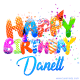 Animated GIF with colorful, festive 'Happy Birthday Danell' text decorated with patterns, a party hat, and falling confetti. A vibrant and cheerful design for birthday celebrations.