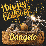 Animated GIF featuring the text 'Happy Birthday Dangelo' written in glittering gold above the luxurious chocolate birthday cake adorned with truffles, gold stars, and sparklers.