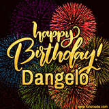 A vibrant display of multicolor fireworks with the text 'Happy Birthday Dangelo' written in gold, glowing beautifully in front of the explosive background.