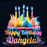 A vibrant animated GIF featuring a colorful rotating birthday cake with bright frosting swirls, glowing candles, and the text 'Happy Birthday Dangelo!' in rainbow colors.