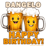 Animated GIF with name Dangelo featuring two smiling beer mugs with frothy tops, toasting in celebration. The text reads 'Dangelo, Happy Birthday!' in bold letters.