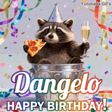 Animated birthday card personalized for Dangelo. The lovable trash panda toasts with pizza and a drink, celebrating amidst colorful confetti and streamers.