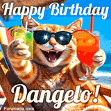 A cheerful cat wearing sunglasses, enjoying drinks on a sunny beach chair, with the text 'Happy Birthday Dangelo!' in bright letters.