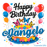 A birthday cake on a blue plate decorated with multi-colored flowers and balloons, personalized for Dangelo.