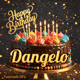 A delicious-looking chocolate cake topped with multiple lit candles and a golden Happy Birthday sign, personalized for Dangelo.