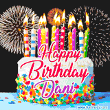 A lively happy birthday animated GIF showcasing a colorful birthday cake covered in sprinkles, topped with glowing candles, and surrounded by vibrant fireworks. The name 'Dani' is featured in elegant script.