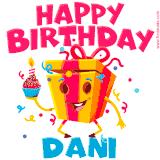 A funny animated birthday GIF with the words 'Happy Birthday Dania', colorful gift box with arms and legs, holding a cupcake with a lit candle  with confetti everywhere.