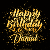 Animated GIF with colorful, festive 'Happy Birthday Danial' text decorated with patterns, a party hat, and falling confetti. A vibrant and cheerful design for birthday celebrations.