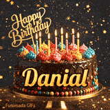 Gold Happy Birthday topper and bright burning candles on a chocolate frosted cake with the name Danial.