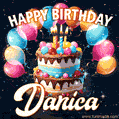 Hand-drawn happy birthday cake adorned with an arch of colorful balloons - name GIF for Danica