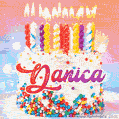 Personalized for Danica elegant birthday cake adorned with rainbow sprinkles, colorful candles and glitter