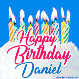 A cheerful animated GIF featuring colorful lit birthday candles on a white cake, with the text 'Happy Birthday Daniel' in bold red and blue script on a bright blue background.