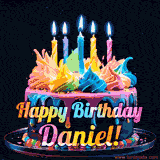 A vibrant animated GIF featuring a colorful rotating birthday cake with bright frosting swirls, glowing candles, and the text 'Happy Birthday Daniel!' in rainbow colors.