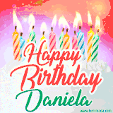 Bright birthday candles with rainbow flames on a cake, alongside the text 'Happy Birthday Daniela' in vibrant script in this celebratory animated GIF.