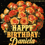 Animated bouquet of orange roses with moving butterfles and golden 'Happy Birthday Daniela' text, surrounded by sparkling accents and a dark backdrop for a luxurious feel.