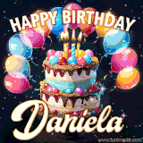 Bright birthday animation for Daniela with a chocolate cake, candles, balloons, and glowing celebratory lights.