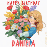 Bright floral birthday animation for Daniela showing a cute cartoon girl with golden hair and expressive eyes holding a huge bouquet, surrounded by birthday text.