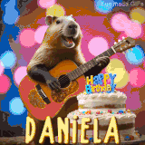 Animated birthday GIF showing a capybara playing guitar and singing beside a birthday cake with the name Daniela in large letters and colorful bokeh lights in the background.