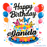 An animated birthday card for Daniela. It features a festive cake with her name, 'Daniela', and colorful butterflies. Floating balloons and hearts complete the joyful scene.