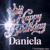 Metallic white nameplate spelling Daniela under a luxury silver headpiece decorated with shiny party crystals.