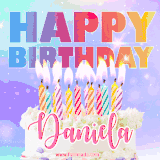 A vibrant animated name GIF with the words 'Happy Birthday Daniela' with colorful candles on a creamy cake. The background sparkles with pastel shades, adding a festive touch.