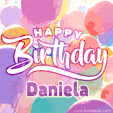 A vibrant name GIF featuring colorful balloons in shades of pink, orange, and yellow with the bold text 'Happy Birthday Daniela' in festive fonts, creating a lively birthday vibe.