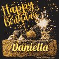 Celebrate Daniella's birthday with a GIF featuring chocolate cake, a lit sparkler, and golden stars