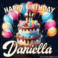 Hand-drawn happy birthday cake adorned with an arch of colorful balloons - name GIF for Daniella