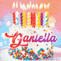 Personalized for Daniella elegant birthday cake adorned with rainbow sprinkles, colorful candles and glitter