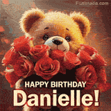 Cinematic style cute animated teddy bear with charming features holding a large bouquet of red roses, the words say 'Happy Birthday Danielle' in sans serif font.