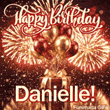 Bright gold and burgundy helium balloons hovering over a beautifully wrapped gift box with the name Danielle