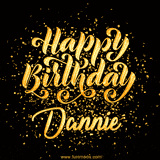 Animated GIF with colorful, festive 'Happy Birthday Dannie' text decorated with patterns, a party hat, and falling confetti. A vibrant and cheerful design for birthday celebrations.