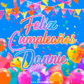 A vibrant animated GIF with 'Feliz Cumpleaños Dannie' written in colorful script, surrounded by balloons, confetti, and bunting on a bright blue background.