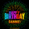 A colorful animated GIF featuring the text 'Happy Birthday Dannie!' in rainbow colors with a dynamic iridescent firework display in the background.