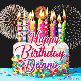 A lively happy birthday animated GIF showcasing a colorful birthday cake covered in sprinkles, topped with glowing candles, and surrounded by vibrant fireworks. The name 'Dannie' is featured in elegant script.