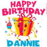 A funny animated birthday GIF with the words 'Happy Birthday Danniea', colorful gift box with arms and legs, holding a cupcake with a lit candle  with confetti everywhere.