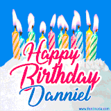 A cheerful animated GIF featuring colorful lit birthday candles on a white cake, with the text 'Happy Birthday Danniel' in bold red and blue script on a bright blue background.