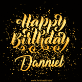 Animated GIF with colorful, festive 'Happy Birthday Danniel' text decorated with patterns, a party hat, and falling confetti. A vibrant and cheerful design for birthday celebrations.