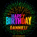 A colorful animated GIF featuring the text 'Happy Birthday Danniel!' in rainbow colors with a dynamic iridescent firework display in the background.