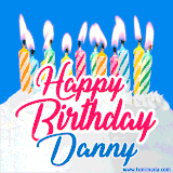 A cheerful animated GIF featuring colorful lit birthday candles on a white cake, with the text 'Happy Birthday Danny' in bold red and blue script on a bright blue background.