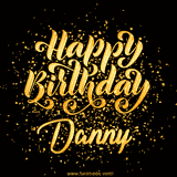 Animated GIF with colorful, festive 'Happy Birthday Danny' text decorated with patterns, a party hat, and falling confetti. A vibrant and cheerful design for birthday celebrations.