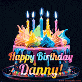 A vibrant animated GIF featuring a colorful rotating birthday cake with bright frosting swirls, glowing candles, and the text 'Happy Birthday Danny!' in rainbow colors.
