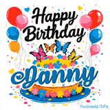 Cheerful animated birthday greeting with a custom nameplate for Danny, featuring balloons, hearts, and butterflies.