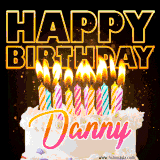A vibrant animated GIF featuring a delicious birthday cake topped with glowing candles and the name 'Danny' in elegant script, and the words 'Happy Birthday' on the black background.