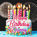 A lively happy birthday animated GIF showcasing a colorful birthday cake covered in sprinkles, topped with glowing candles, and surrounded by vibrant fireworks. The name 'Danny' is featured in elegant script.