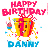 A funny animated birthday GIF with the words 'Happy Birthday Dannya', colorful gift box with arms and legs, holding a cupcake with a lit candle  with confetti everywhere.