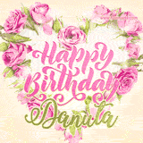 A stunning heart made of pink roses surrounds the elegant script text 'Happy Birthday Danuta' on a soft beige background. Animated sparkles add a magical and festive feel.