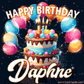 Hand-drawn happy birthday cake adorned with an arch of colorful balloons - name GIF for Daphne