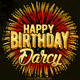 Golden 'Happy Birthday Darcy' text accompanied by animated rainbow fireworks for a festive animated greeting.